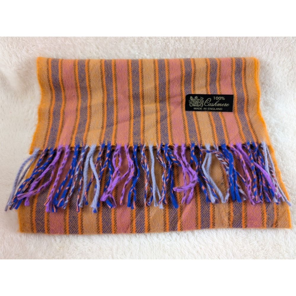 100% Cashmere Scarf Made in England Orange Pink Purple Striped 64x12